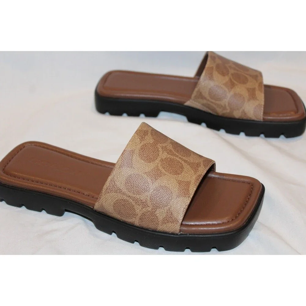 COACH Women Florence Printed C Lug-Sole Slip-On Slide Flat Sandals Khaki Tan 6 - Picture 3 of 6